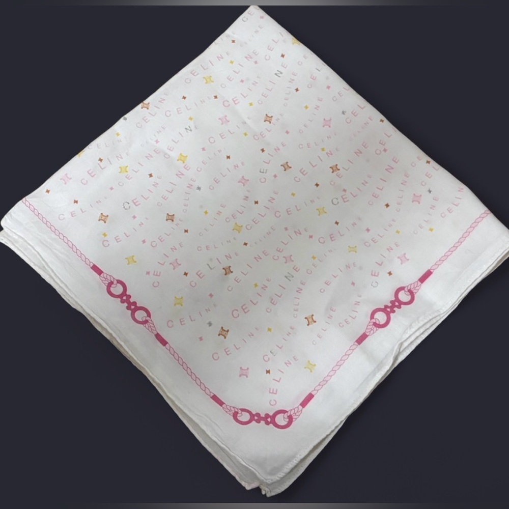 Celine Logo Scarf Pocket Square 18x18 Pink White Cotton Designer Luxury Gift